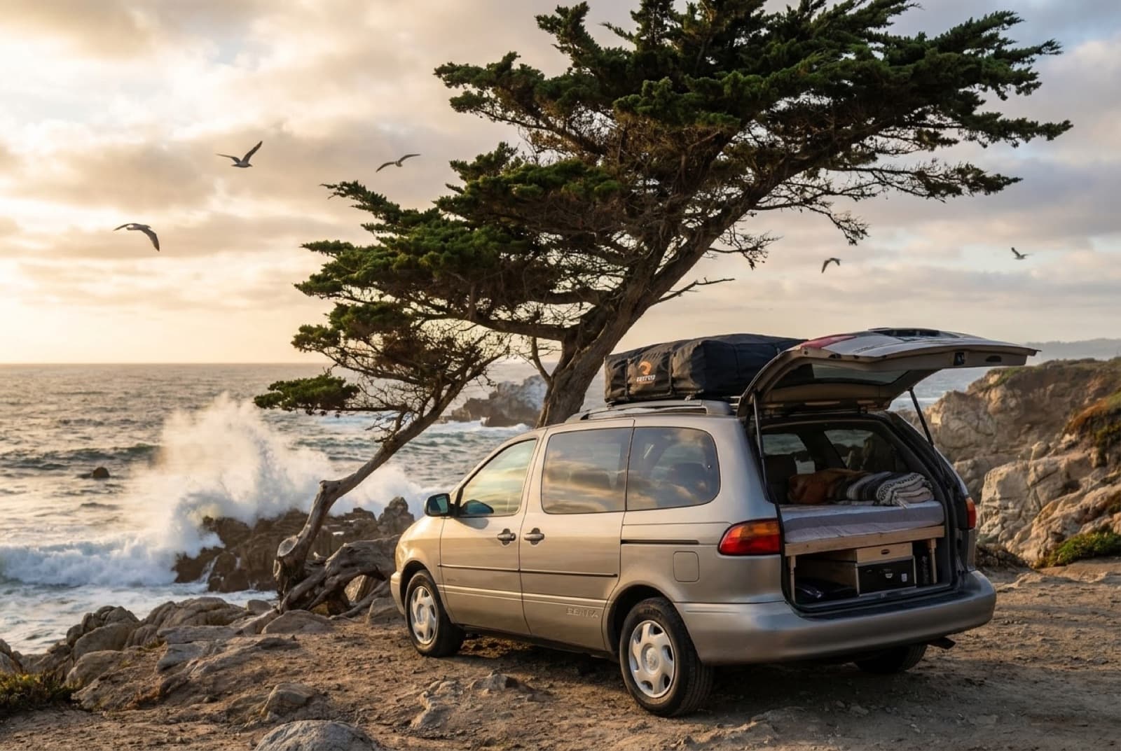 Camper parked under a Monterey cypress on the coast