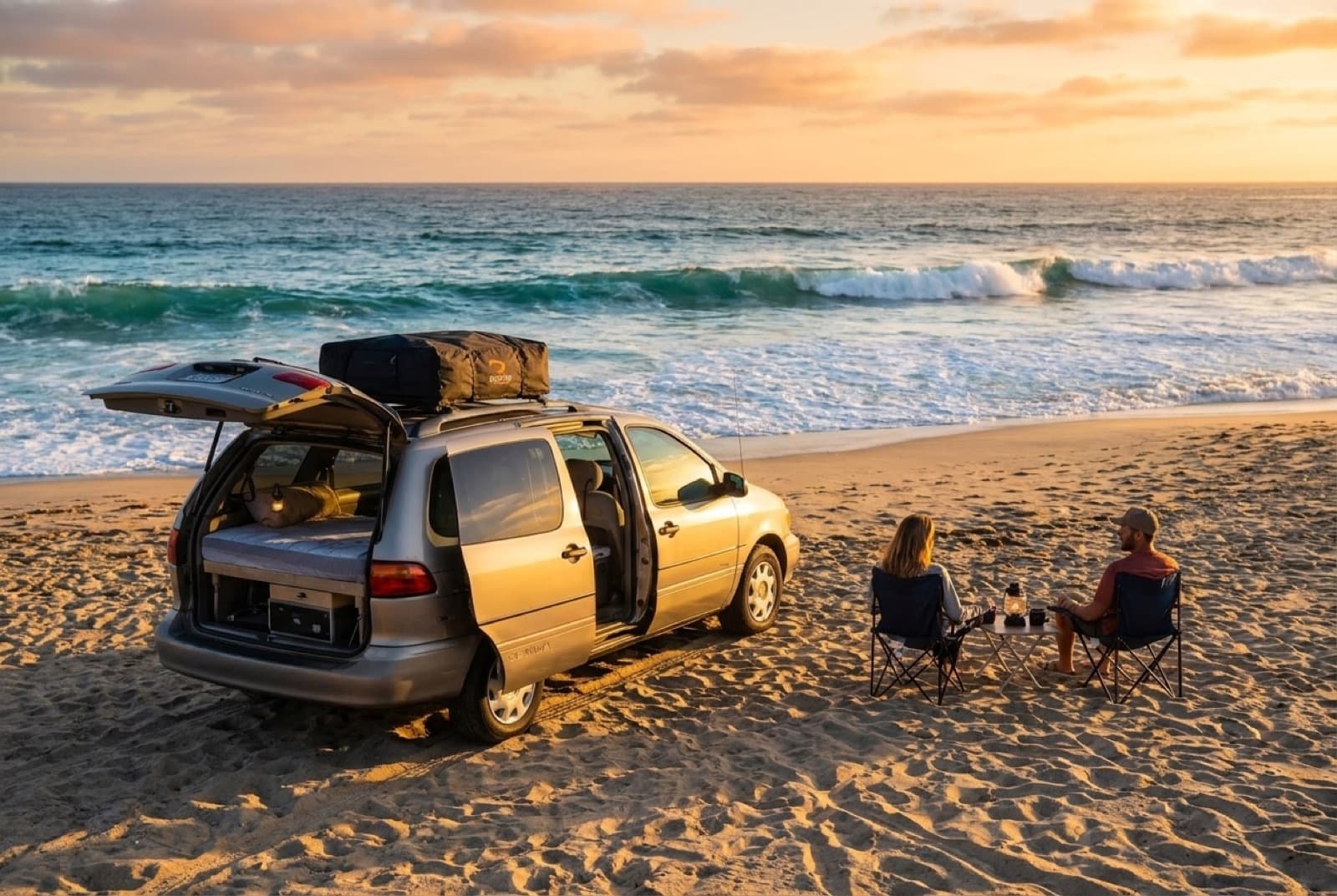 Couple relaxing in camp chairs beside the camper on a Pacific beach at sunset