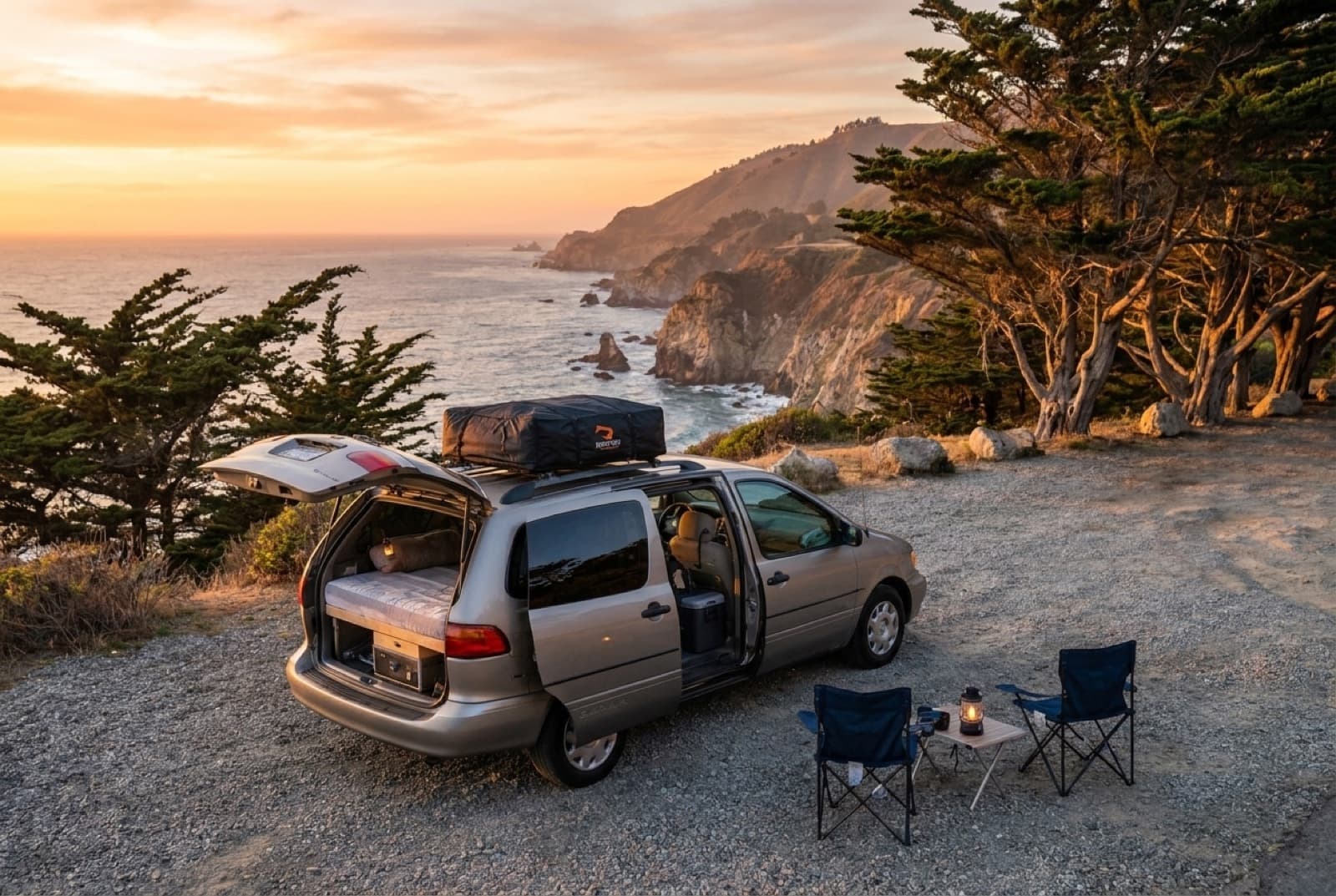 Exterior — Our refurbished Toyota Sienna at a Big Sur overlook.