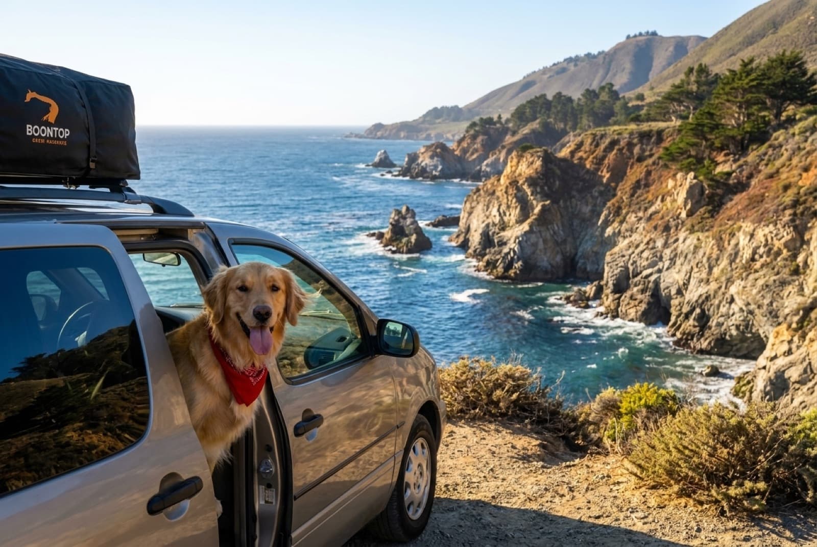 Happy golden retriever leaning out of the camper's sliding door at a Big Sur ocean overlook