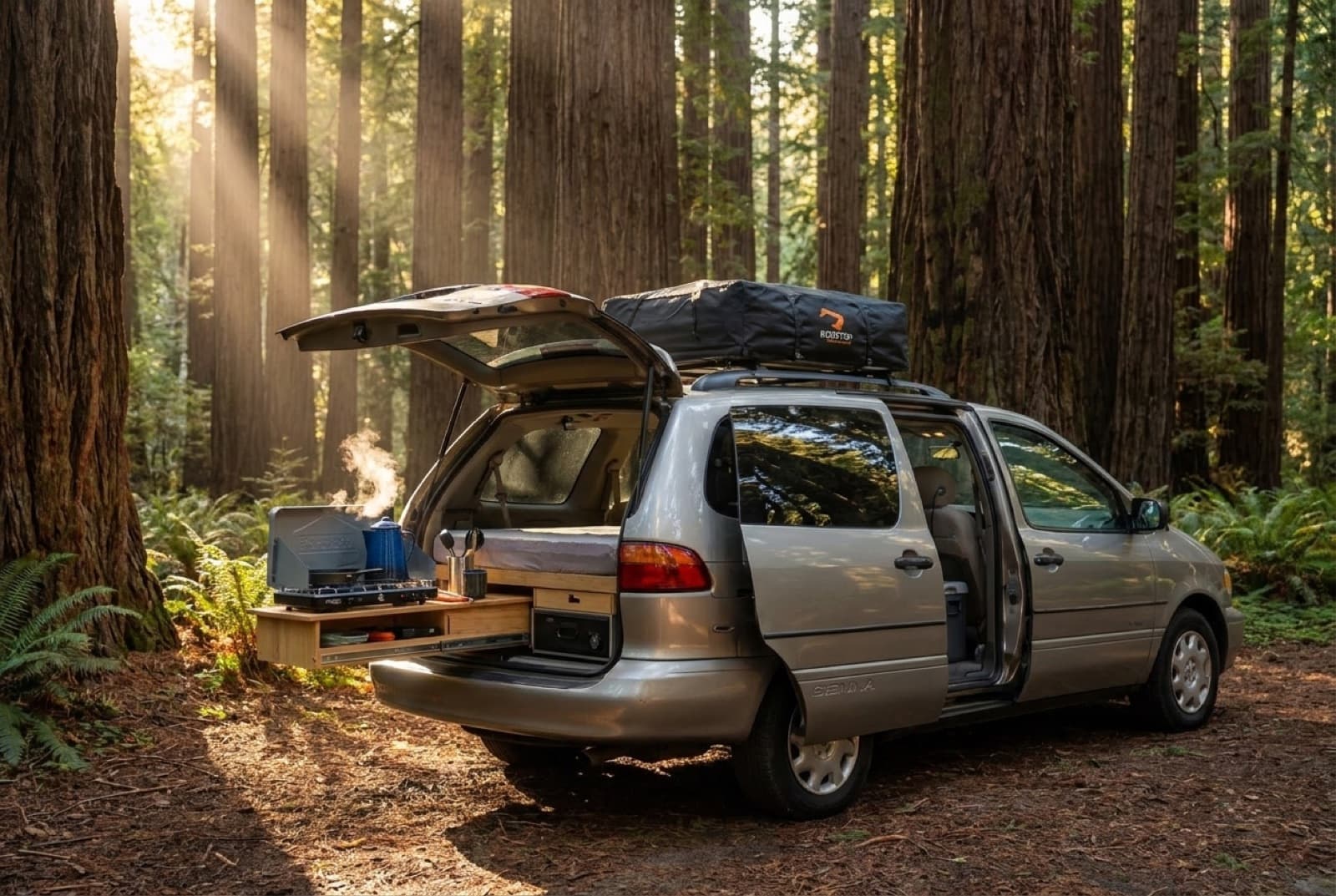 Refurbished Sienna camper with its slide-out kitchen at a redwood forest campsite